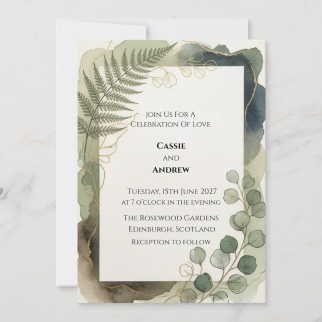 Invitación Verde de eucalipto helecho para boda (Anverso)