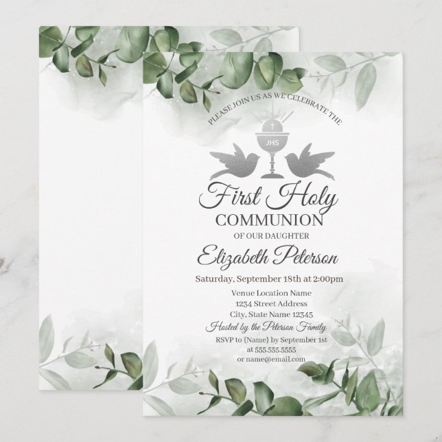 Invitación Verde de eucalipto Primera Comunión   (Anverso / Reverso)