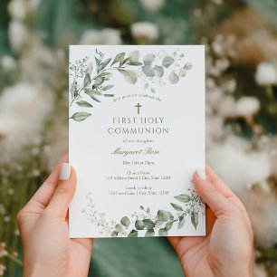 Invitación Verde de eucalipto Primera Comunión Religiosa