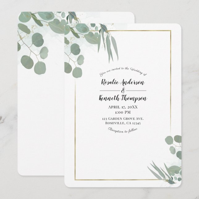 Invitación Verde de Eucalipto Rústico y Boda Dorada (Anverso / Reverso)