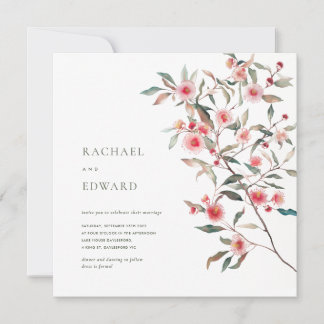 Invitación Verde de Eucalipto y Florales Rosados para Boda