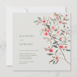 Invitación Verde de Eucalipto y Florales Rosados para Boda