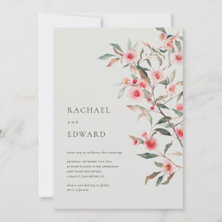 Invitación Verde de Eucalipto y Florales Rosados para Boda