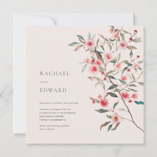 Invitación Verde de Eucalipto y Florales Rosados para Boda