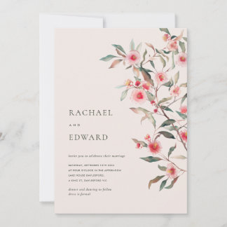 Invitación Verde de Eucalipto y Florales Rosados para Boda