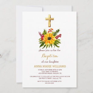 Invitación Verde de girasol rústico Baptismo cruzado de oro