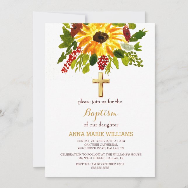 Invitación Verde de girasol rústico Baptismo cruzado de oro (Anverso)