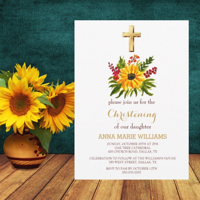 Invitación Verde de girasol rústico Baptismo cruzado de oro (Subido por el creador)