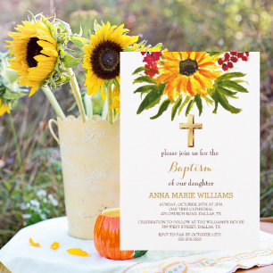 Invitación Verde de girasol rústico Baptismo cruzado de oro