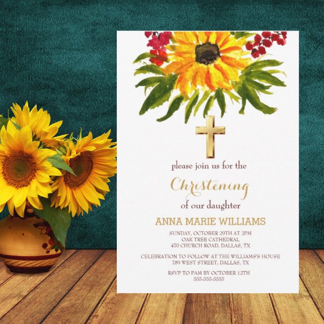 Invitación Verde de girasol rústico Baptismo cruzado de oro (Subido por el creador)
