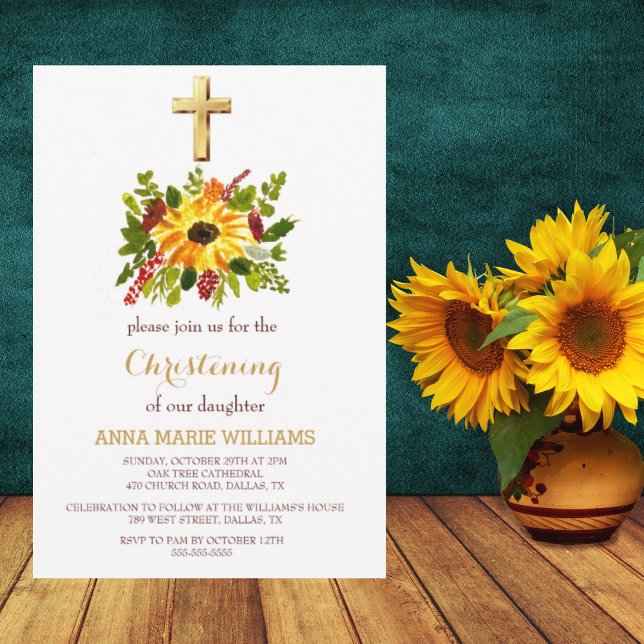 Invitación Verde de girasol rústico Baptismo cruzado de oro (Subido por el creador)