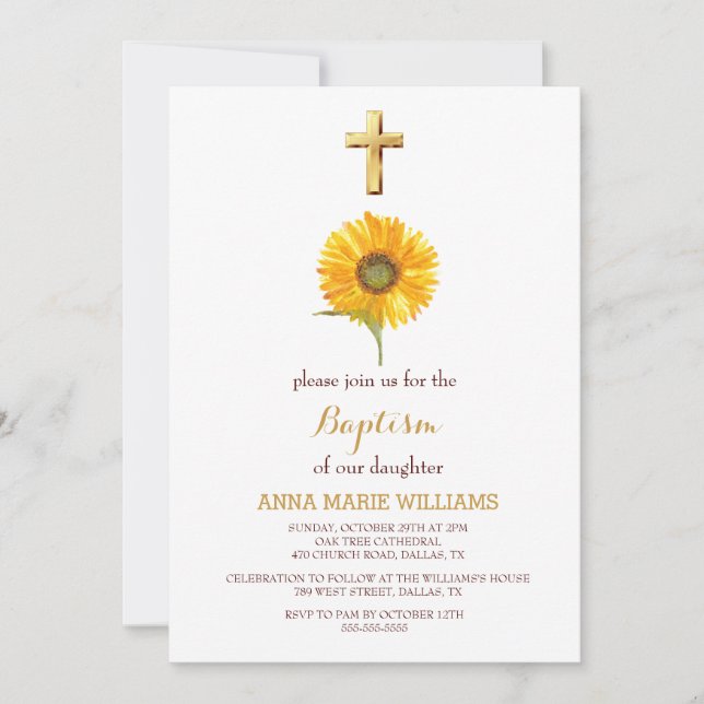 Invitación Verde de girasol rústico Baptismo cruzado de oro (Anverso)