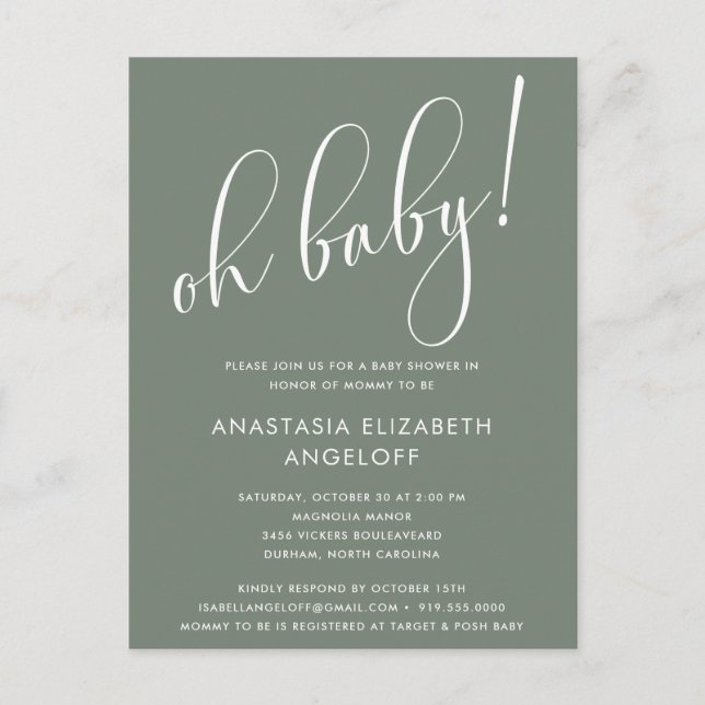 Invitación verde de guión moderno de Baby Shower (Anverso)
