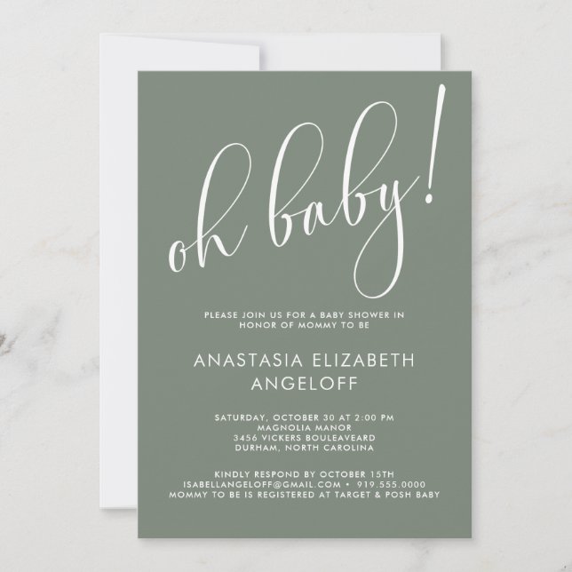 Invitación verde de guión moderno de Baby Shower (Anverso)