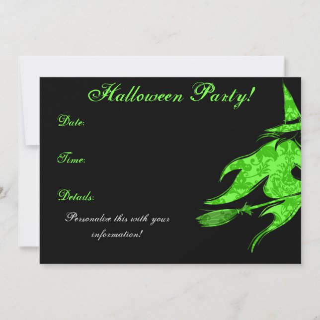Invitación verde de Halloween de la bruja que (Anverso)