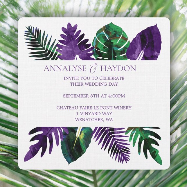Invitación Verde de hojas tropicales, Boda de hojas púrpuras  (tropical plum purple & green leaves wedding invitations, monstera leaves, ferns, palm leaves)