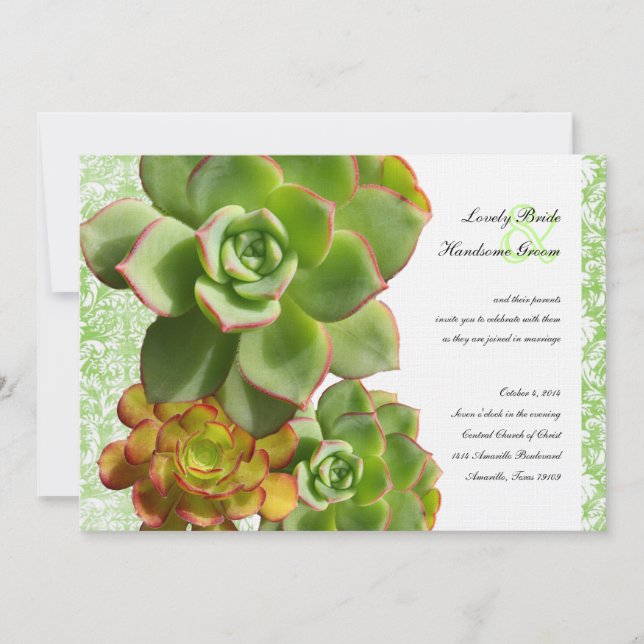 Invitación verde de la boda del damasco del (Anverso)