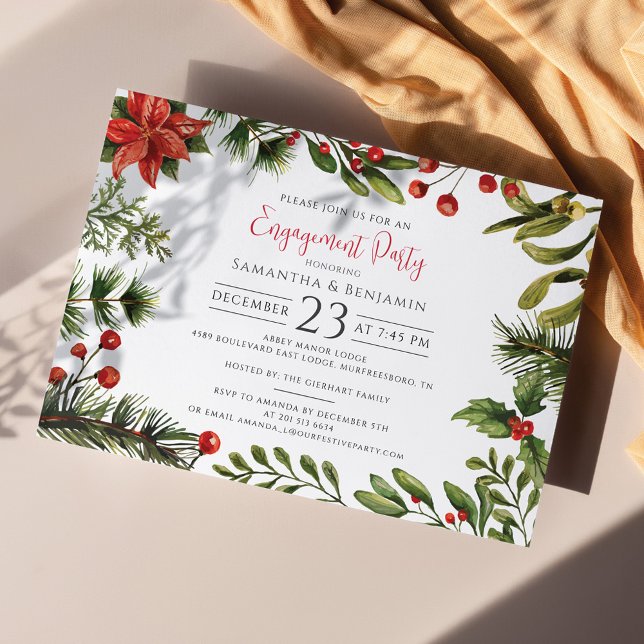 Invitación Verde de la fiesta de compromiso de vacaciones de  (Botanical Poinsettia Script Winter Engagement Party Invitation)
