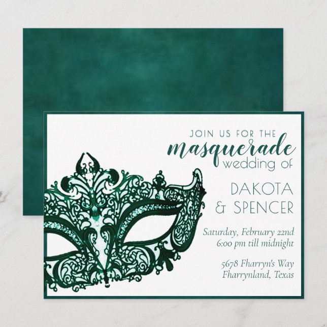 Invitación Verde de la mascarada | Boda del Mardi Gras de Esm (Anverso / Reverso)