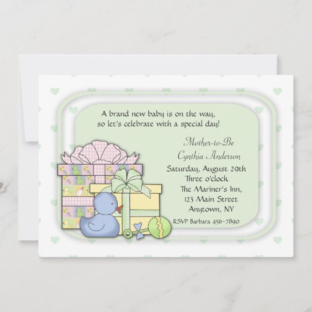 Invitación Verde de los regalos del bebé (Anverso)