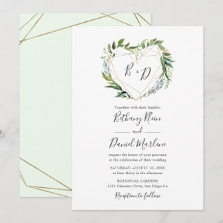 Invitación Verde de moda con Boda de corazón geométrico