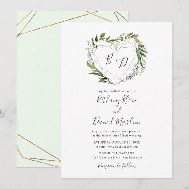 Invitación Verde de moda con Boda de corazón geométrico (Anverso / Reverso)