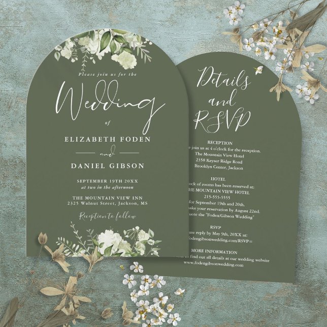 Invitación Verde De Oliva Rústico Todo En Un Boda De Arco Flo (Rustic Olive Green All In One Floral Arch Wedding Invitation)