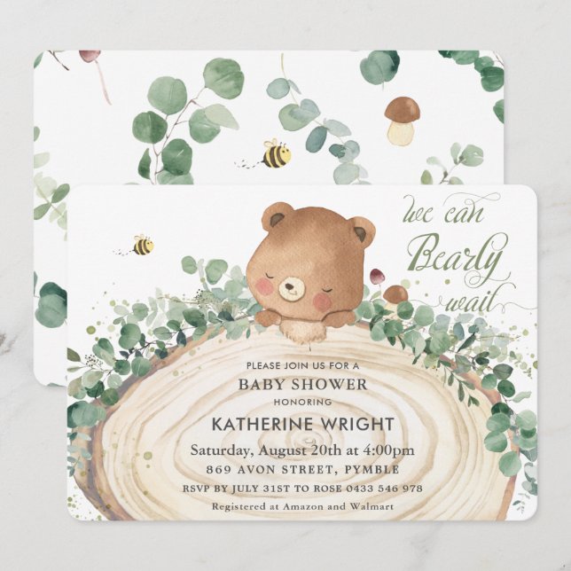 Invitación Verde de oso suave género Neutral Baby Shower Invi (Anverso / Reverso)