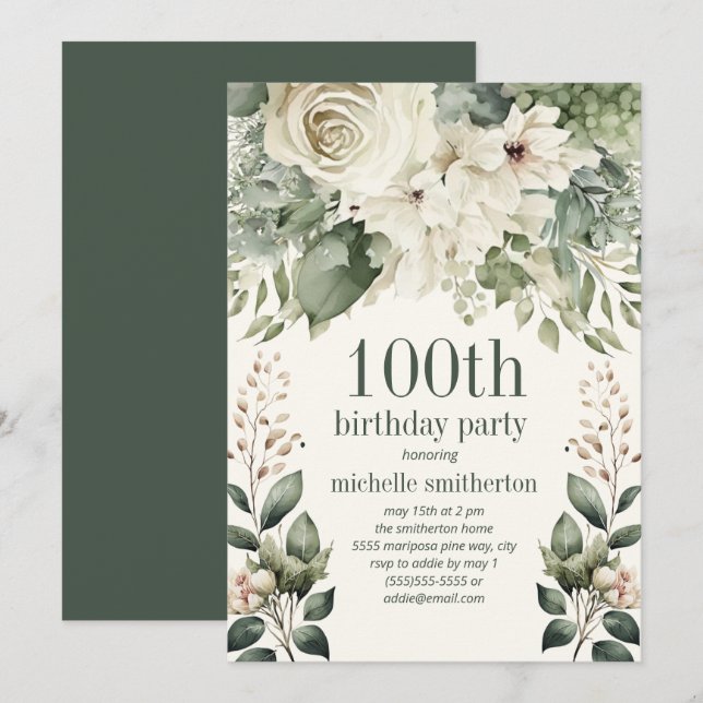 Invitación Verde de salvia floral blanca deja 100 cumpleaños (Anverso / Reverso)