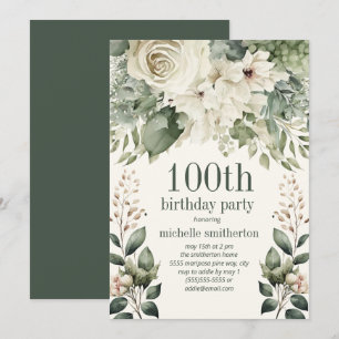 Invitación Verde de salvia floral blanca deja 100 cumpleaños