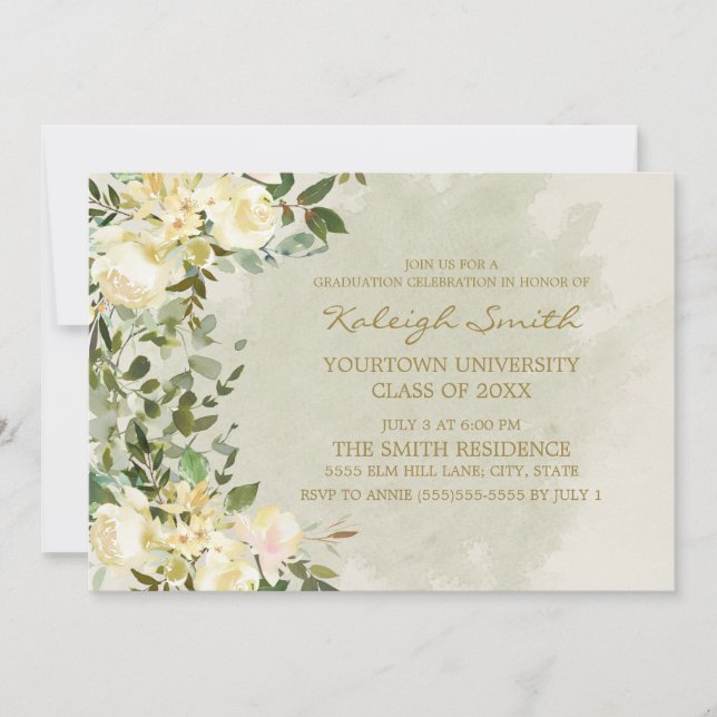 Invitación Verde de salvia floral blanca deja partido de grad (Anverso)
