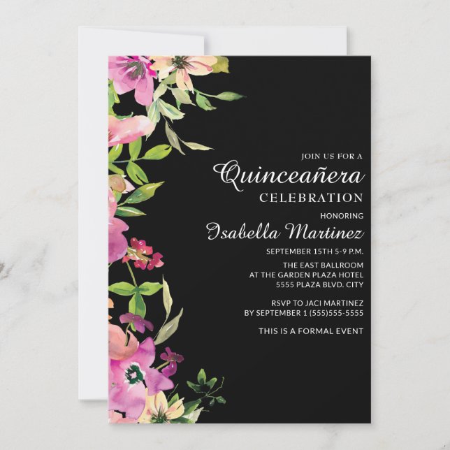 Invitación Verde de salvia floral rosa deja Quinceañera negra (Anverso)