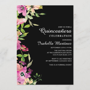 Invitación Verde de salvia floral rosa deja Quinceañera negra