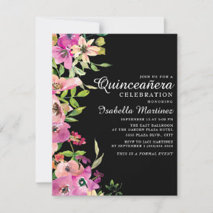 Invitación Verde de salvia floral rosa deja Quinceañera negra