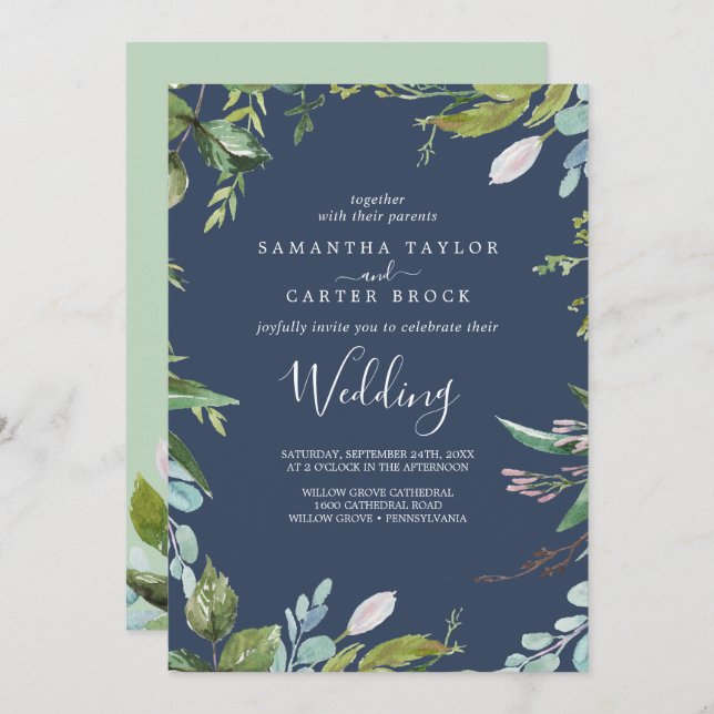Invitación Verde de Verano | Boda Navy (Anverso / Reverso)