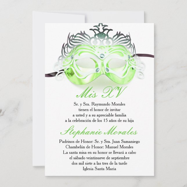 Invitación verde del cumpleaños de Quinceanera de (Anverso)