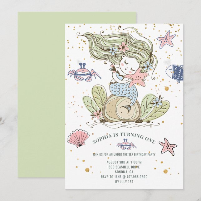 Invitación verde del Fiesta de cumpleaños 1 sirena (Anverso / Reverso)