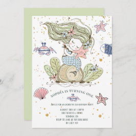Invitación verde del Fiesta de cumpleaños 1 sirena