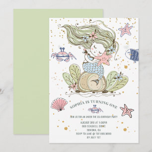 Invitación verde del Fiesta de cumpleaños 1 sirena