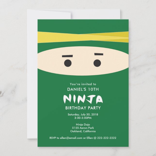 Invitación verde del fiesta de Ninja (Anverso)