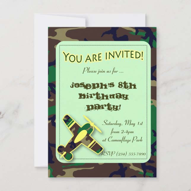 Invitación verde del fiesta del aeroplano de Camo (Anverso)
