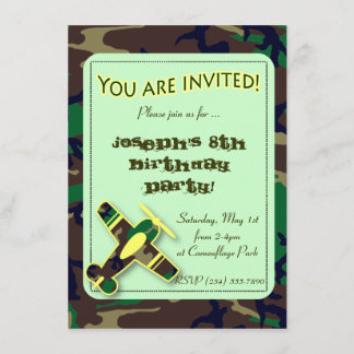 Invitación verde del fiesta del aeroplano de Camo