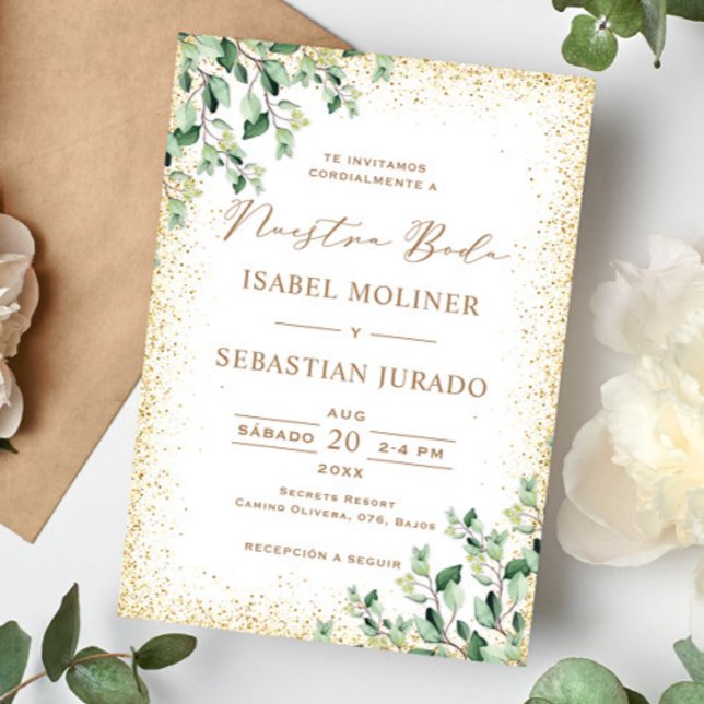 Invitación Verde del marco dorado Nuestra Boda Boda española (Subido por el creador)