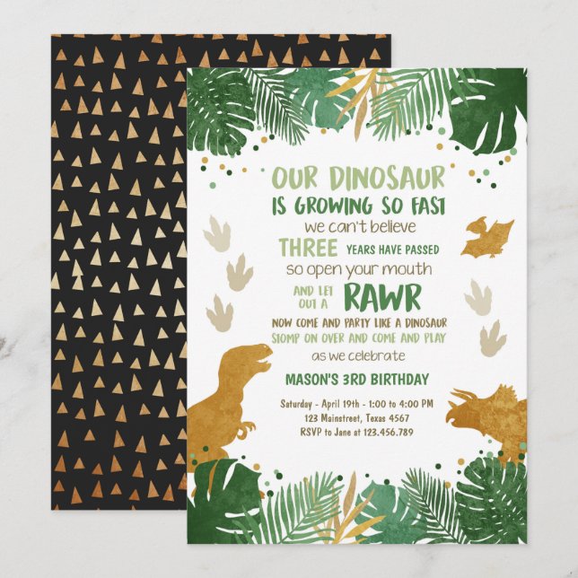 Invitación Verde del muchacho del fiesta de Dino y cumpleaños (Anverso / Reverso)