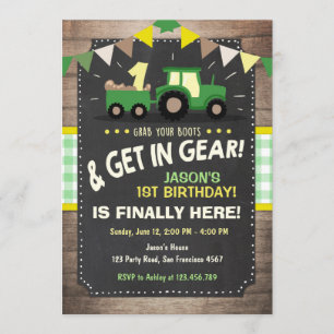 Invitación Verde del muchacho del fiesta de la granja de la