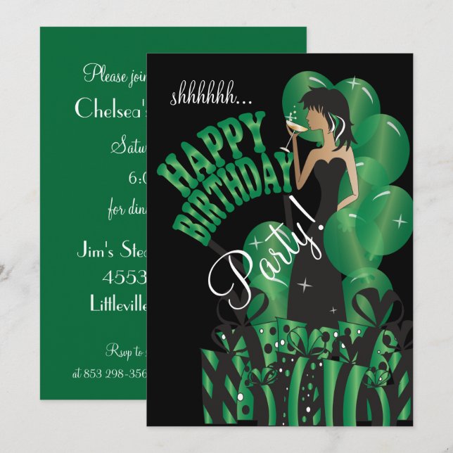 Invitación Verde del nombre y de la edad el | del chica el | (Anverso / Reverso)