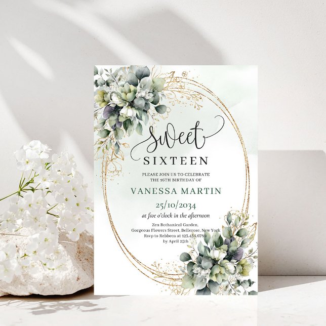 Invitación Verde Dorada Botánica de Eucalipto para (Eucalyptus Botanical Sweet 16 Green Gold Invite)