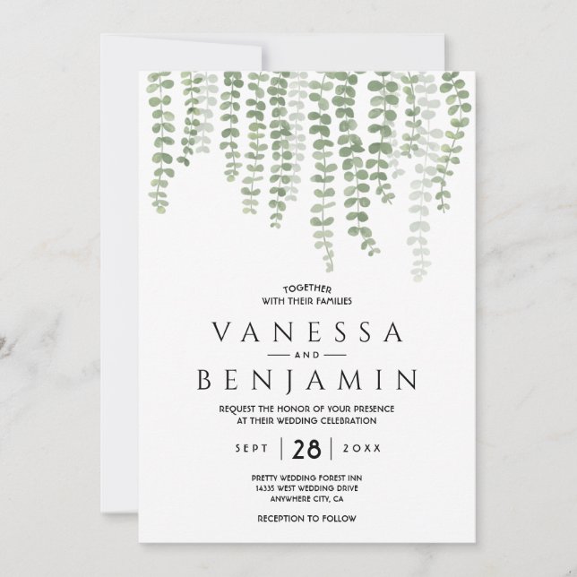Invitación Verde dorado elegante hoja boho acuarela (Anverso)
