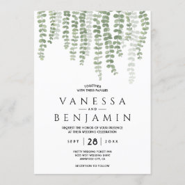 Invitación Verde dorado elegante hoja boho acuarela