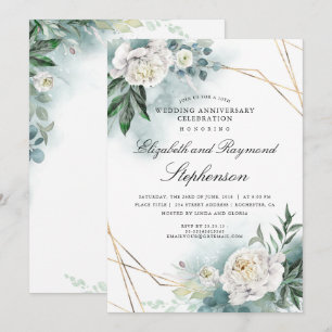 Invitación Verde dorado geométrico floral boda aniversario